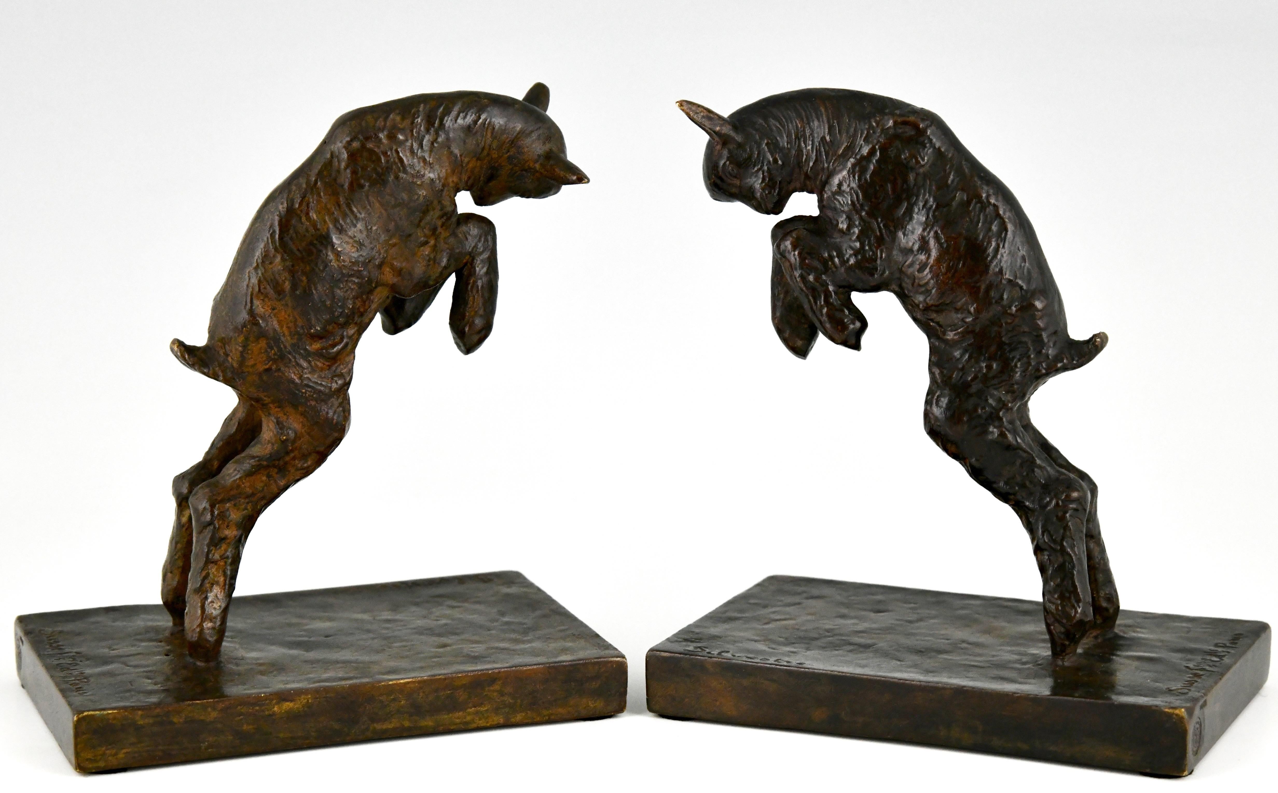 Art Deco bronze lamb bookends. By Paul Silvestre, with foundry mark, Susse Frères, Paris.
This model is illustrated in Animals in bronze by Christopher Payne. Antique collectors club. 

More information: The dictionary of sculptors in bronze by