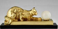 Art Deco bronze lamp sculpture cat with ball by Georges Benoit.