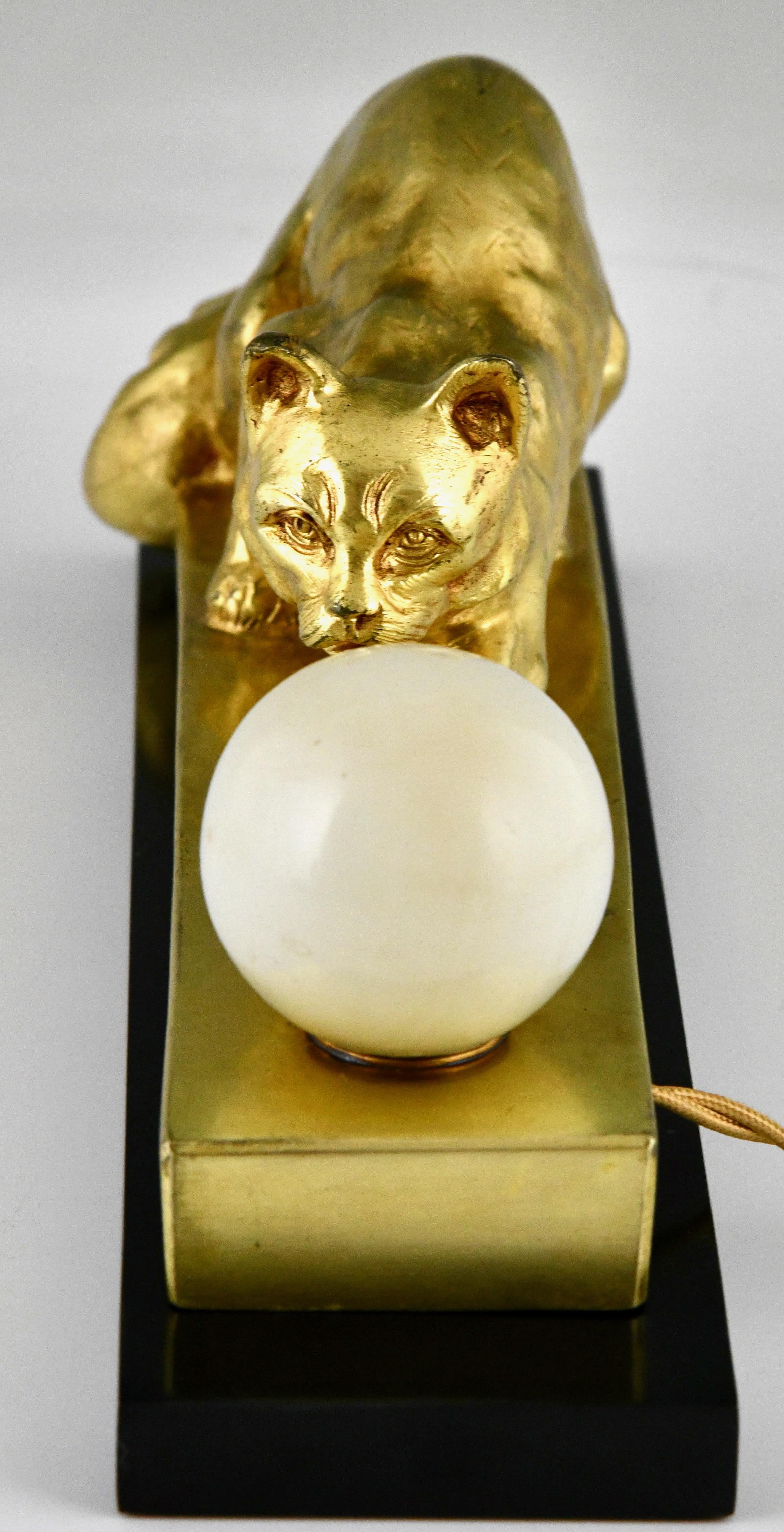 Gilt Art Deco bronze lamp sculpture cat with ball by Georges Benoit. 