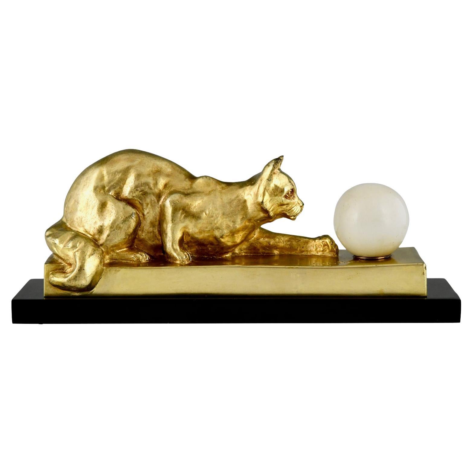 Art Deco bronze lamp sculpture cat with ball by Georges Benoit. 