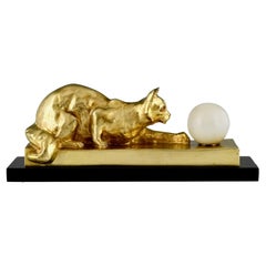 Art Deco bronze lamp sculpture cat with ball by Georges Benoit. 