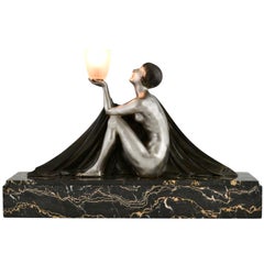 Art Deco Bronze Lamp Sculpture Seated Lady with Vase by Jean Lormier France 1925