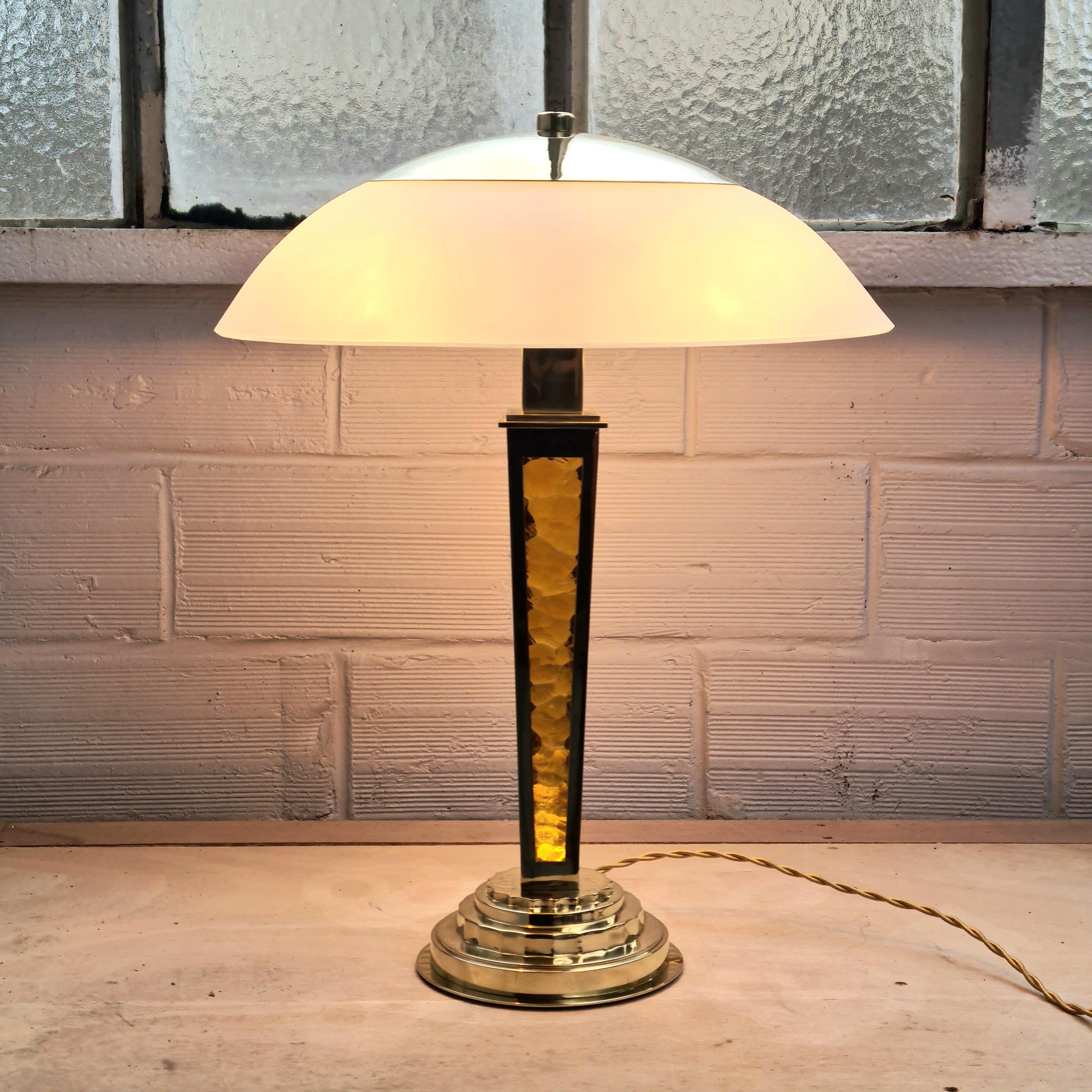 Contemporary Art Deco Bronze Lamp with Gold Finish and Amber Glasses For Sale