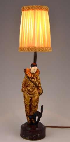 Art Deco Bronze Lamp with Pierrot Clown and Cat Georges Omerth, France, 1920