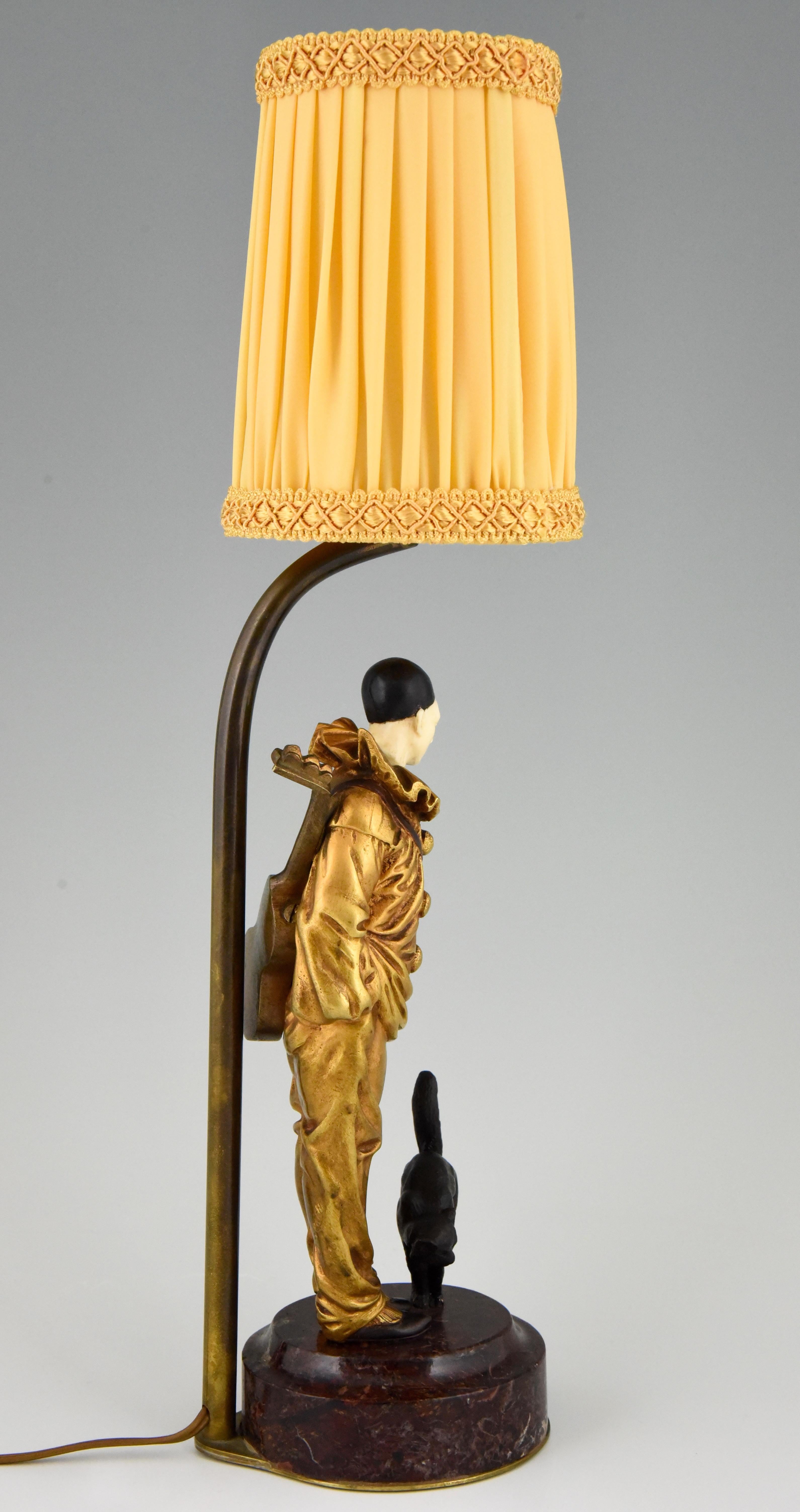 Art Deco Bronze Lamp with Pierrot Clown and Cat Georges Omerth, France, 1920 In Good Condition In Antwerp, BE