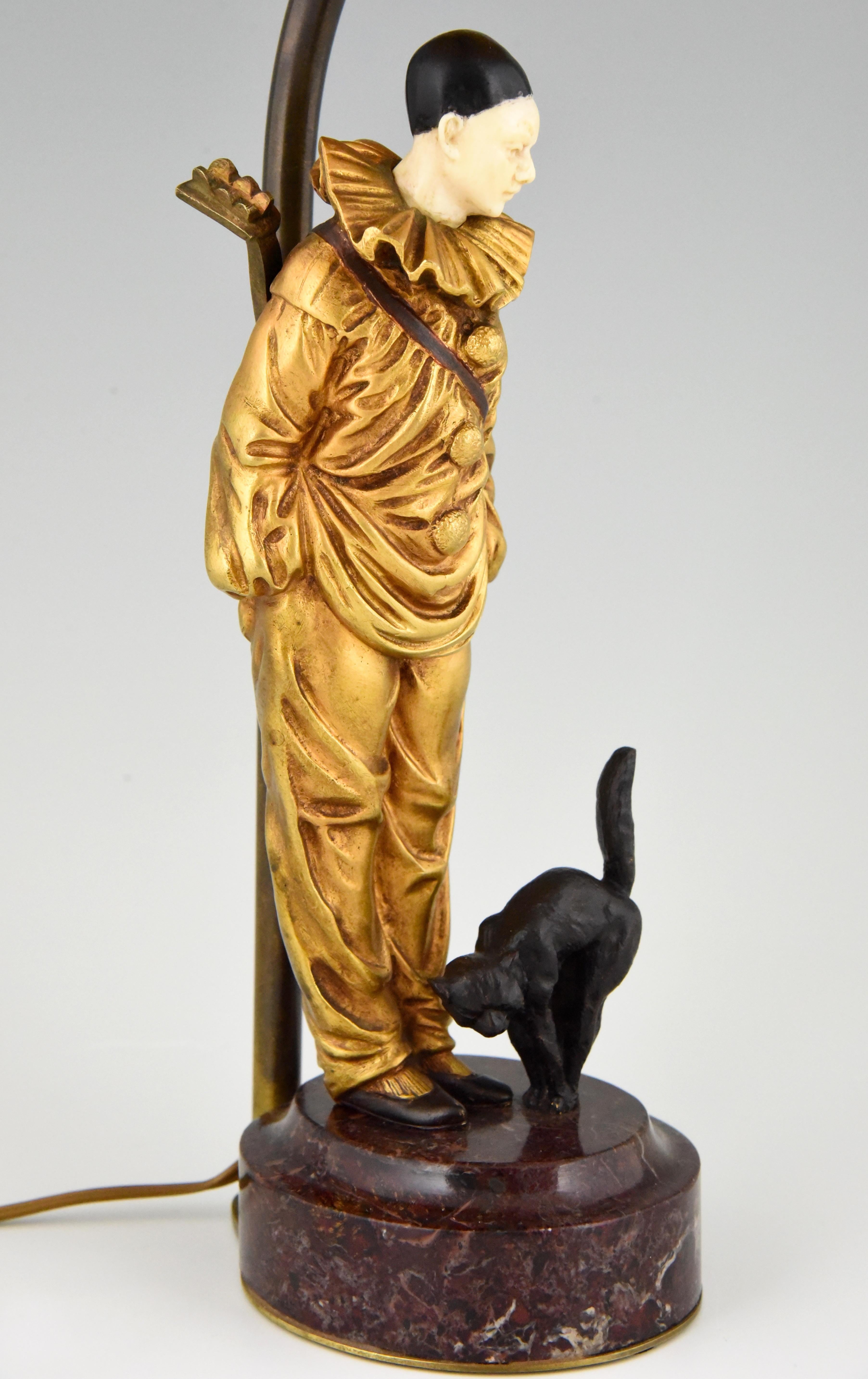 20th Century Art Deco Bronze Lamp with Pierrot Clown and Cat Georges Omerth, France, 1920