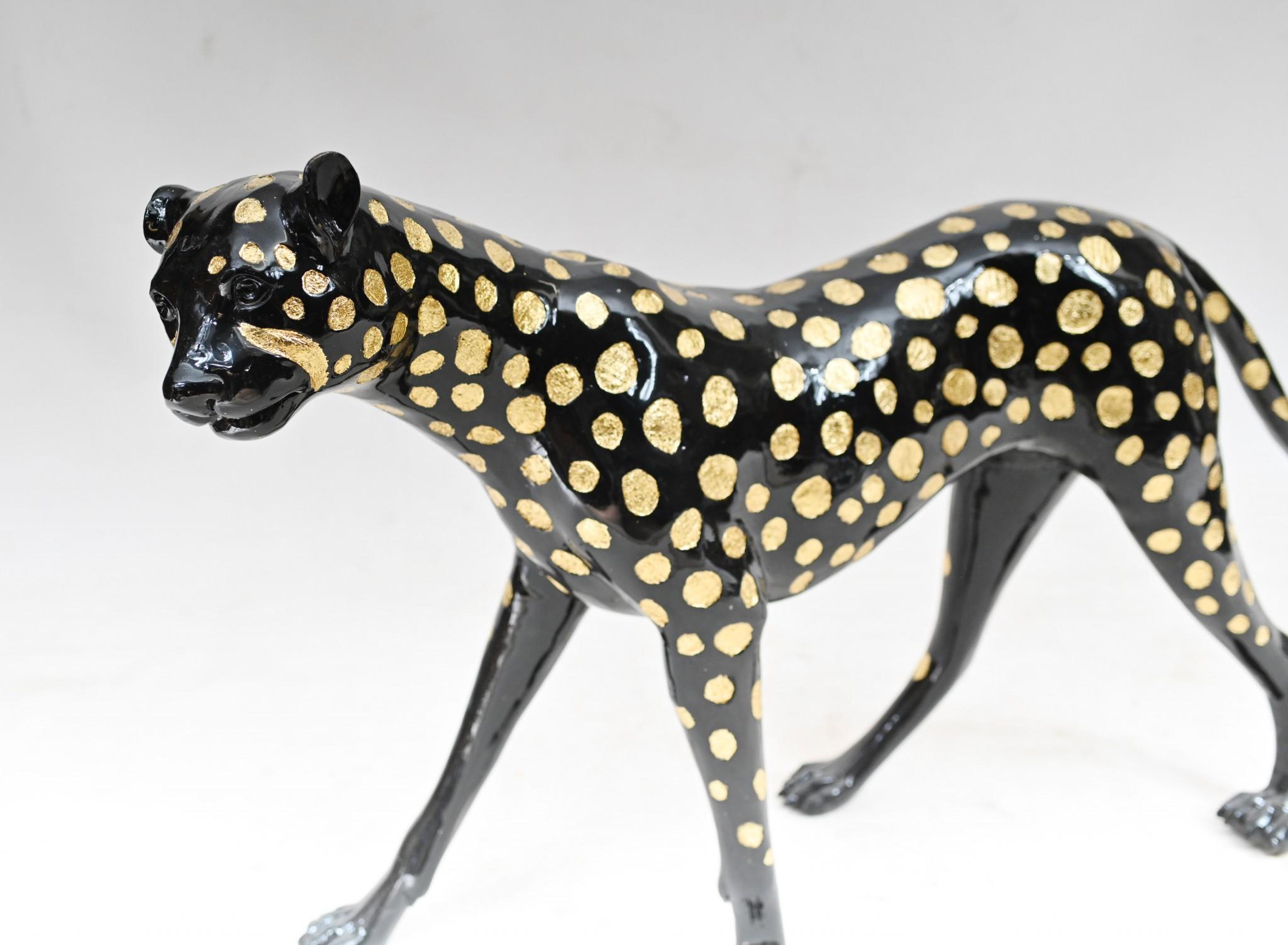 Estatua de Bronce Art Decó de Leopardo Gatos de Tamaño Natural 1