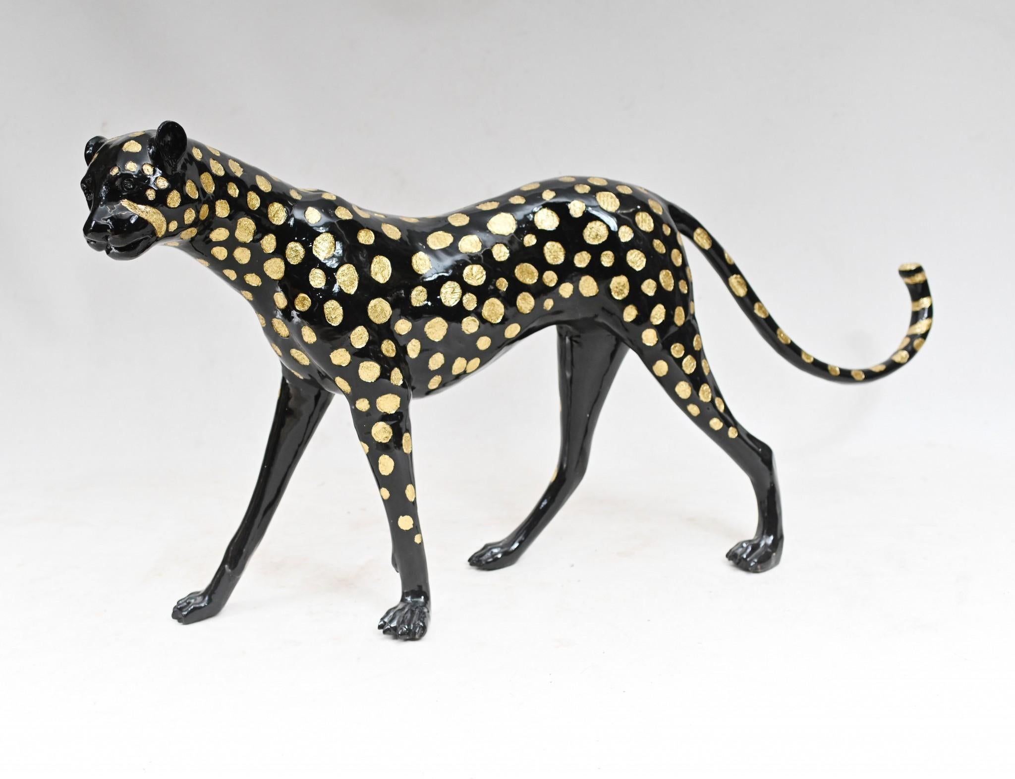 Estatua de Bronce Art Decó de Leopardo Gatos de Tamaño Natural 3