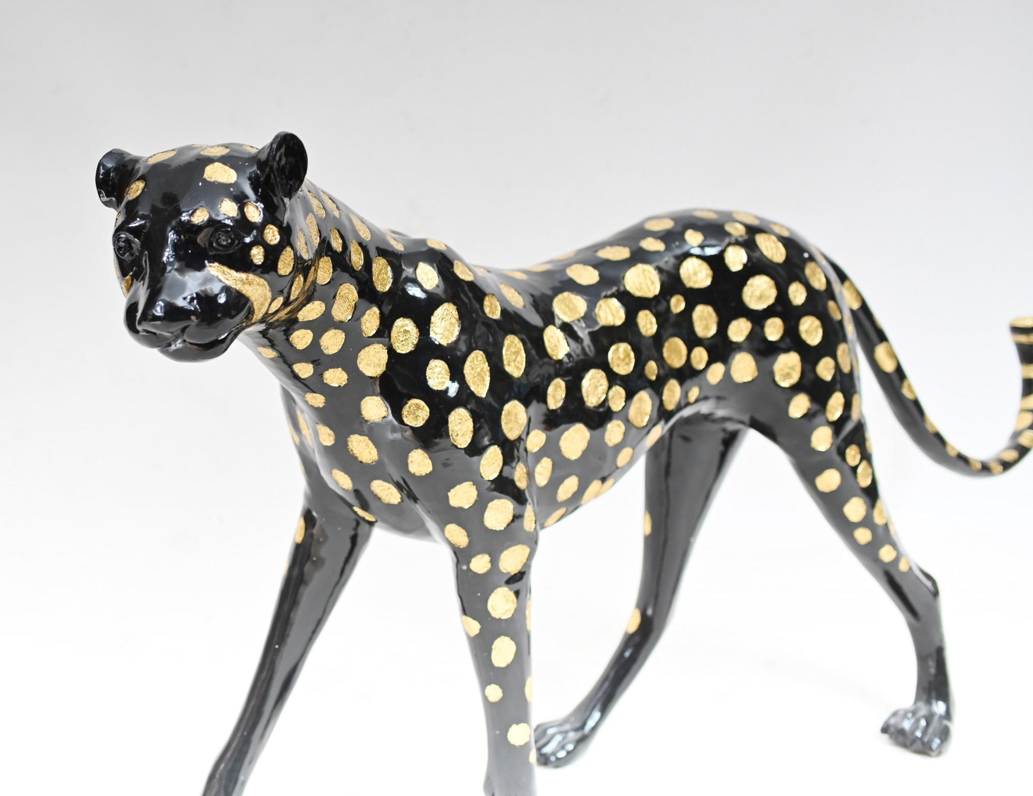Estatua de Bronce Art Decó de Leopardo Gatos de Tamaño Natural 4