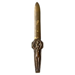 Art Deco bronze letter opener, 1930s, chocolate patina, woman and child