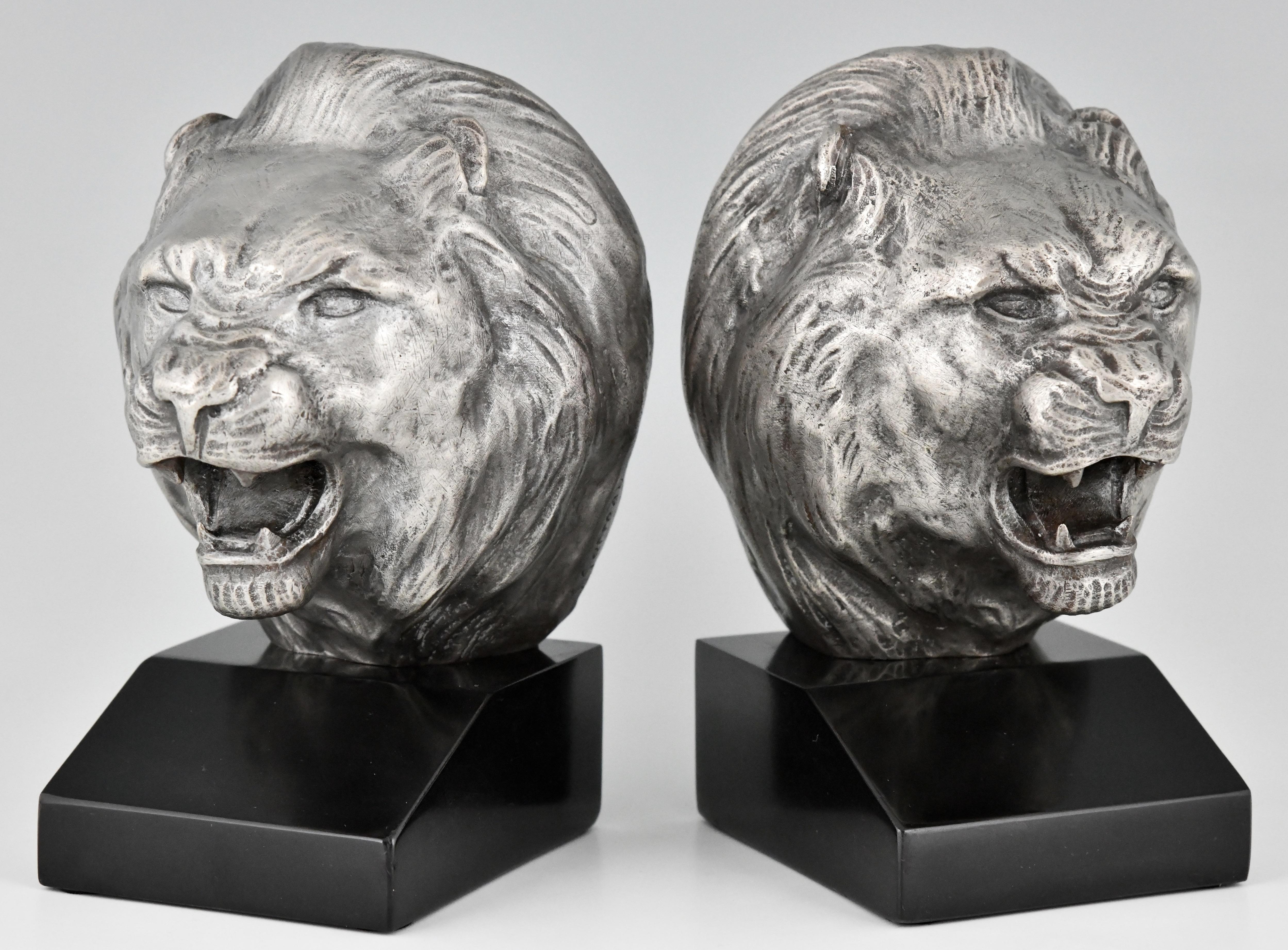 Patinated Art Deco Bronze Lion Bookends Georges Raoul Garreau, France, 1930
