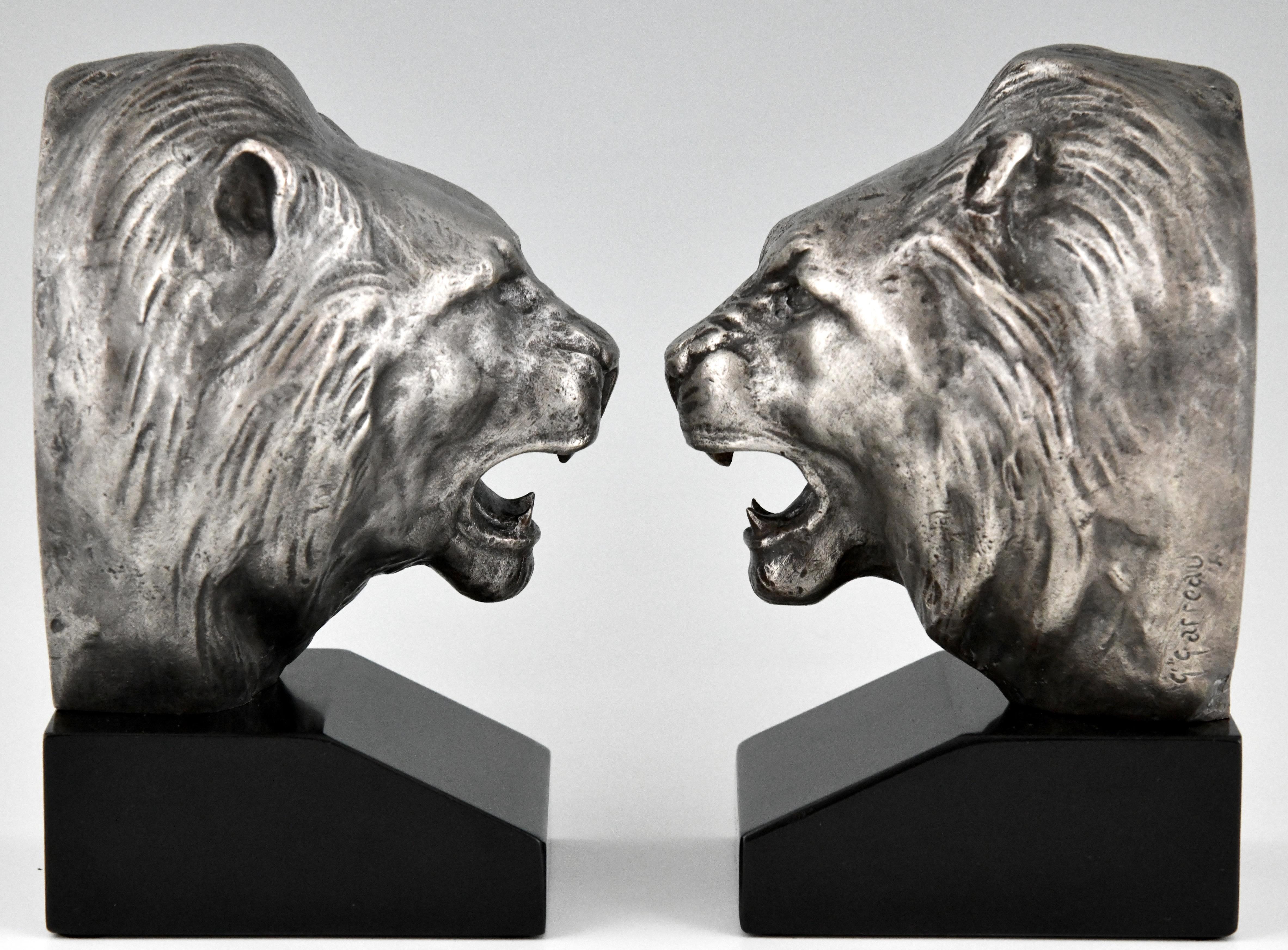 Mid-20th Century Art Deco Bronze Lion Bookends Georges Raoul Garreau, France, 1930