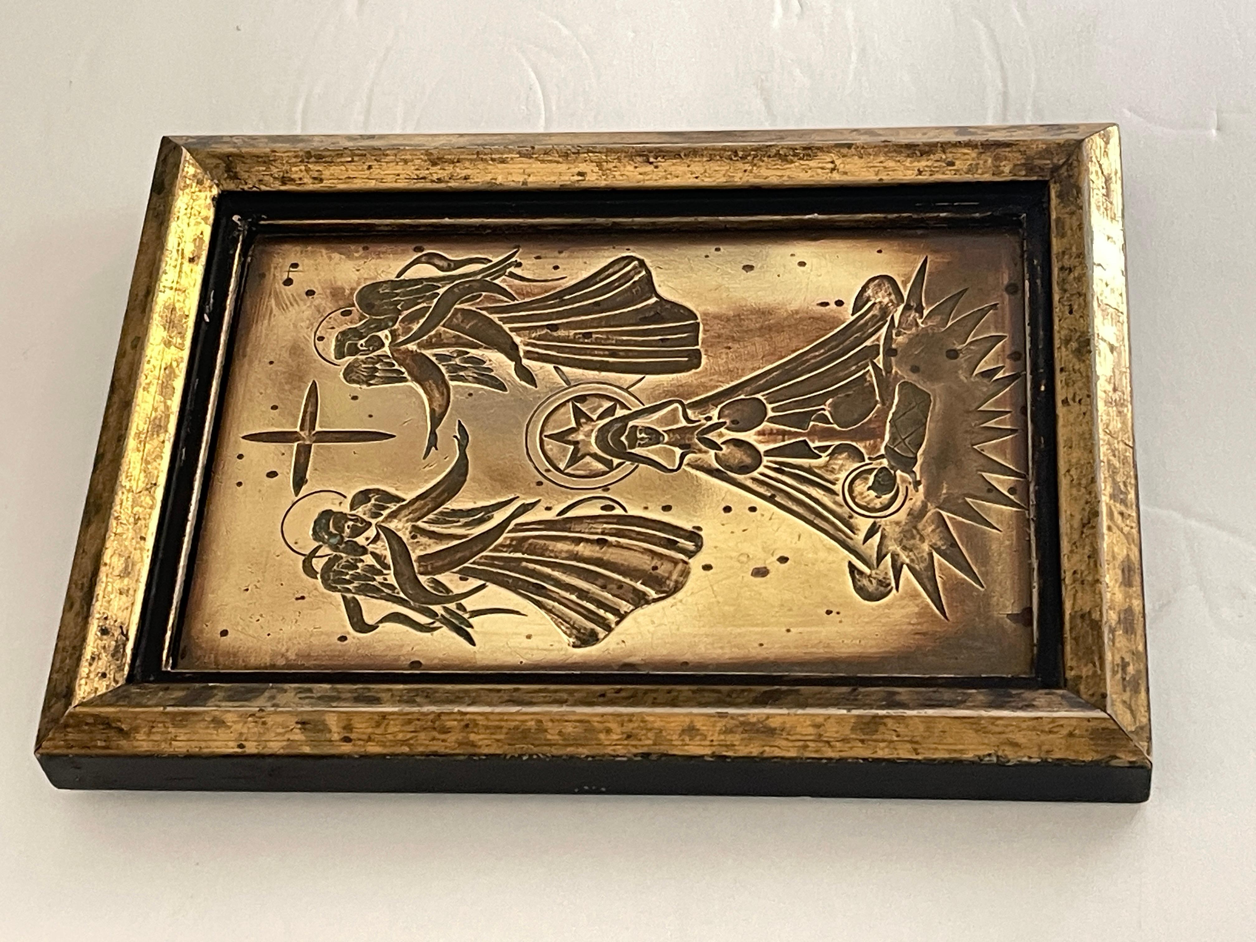 Art Deco cast bronze Madonna and Child with guardian angels icon, set in gilt wood frame. Engraved with number on back, 1012. Maker unknown.