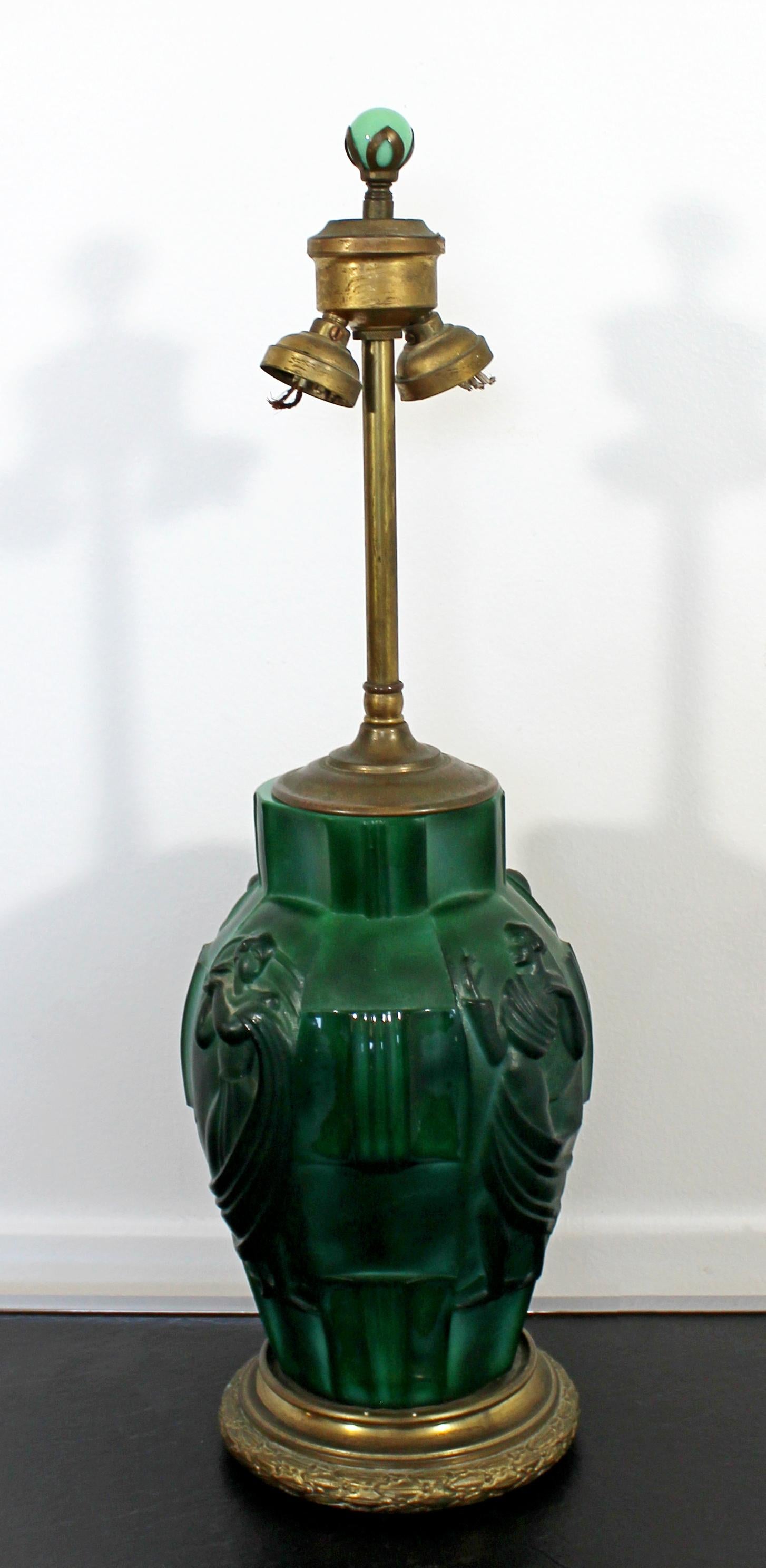 For your consideration is a breathtaking, bronze and malachite glass table lamp, by Curt Schlevogt, made in Czechoslovakia, circa 1930s. In very good antique condition. The dimensions are 6