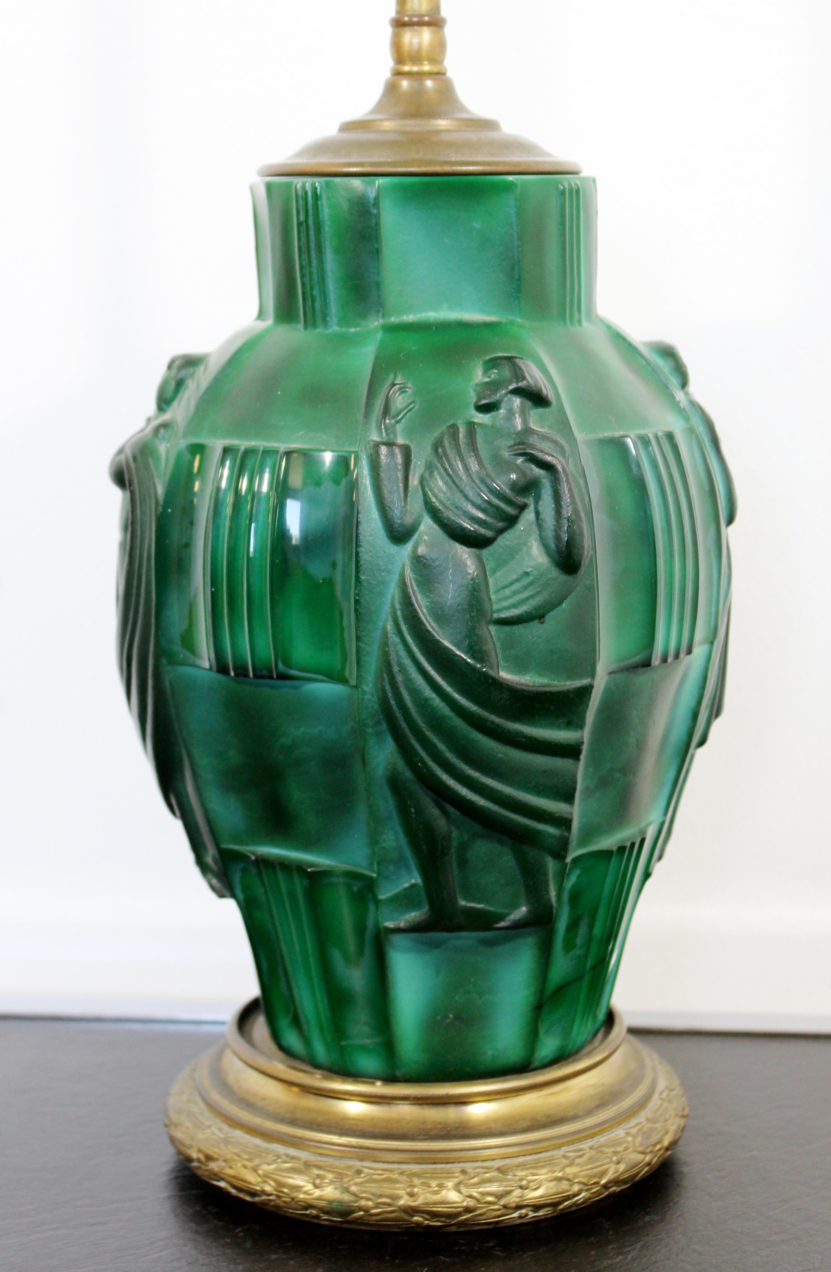 European Art Deco Bronze Malachite Glass Ingrid Table Lamp by Curt Schlevogt Czech, 1930s