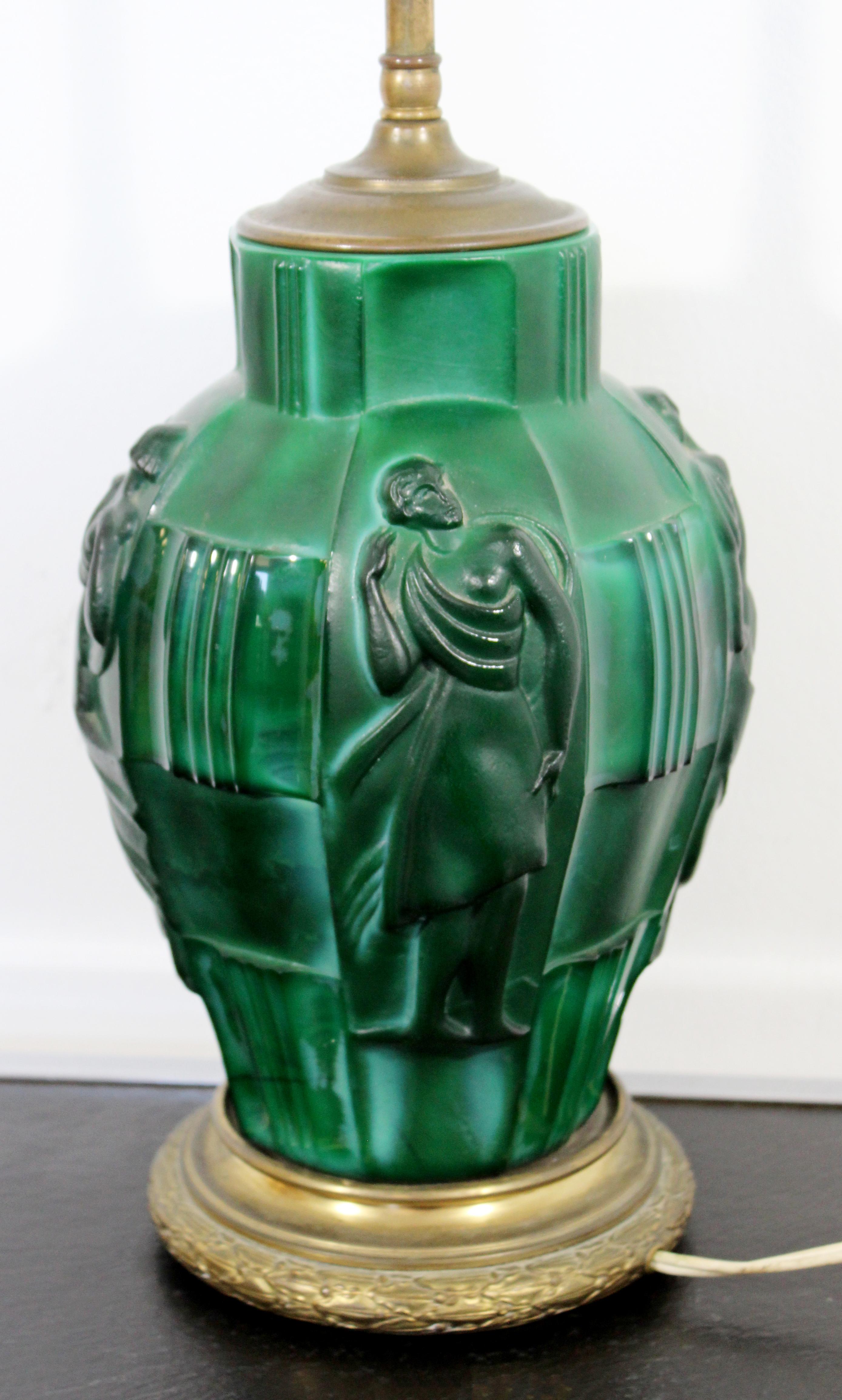 Art Deco Bronze Malachite Glass Ingrid Table Lamp by Curt Schlevogt Czech, 1930s In Good Condition In Keego Harbor, MI