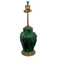 Art Deco Bronze Malachite Glass Ingrid Table Lamp by Curt Schlevogt Czech, 1930s