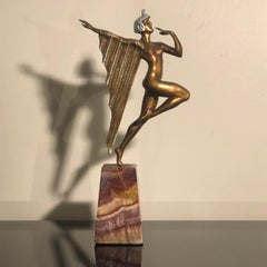 Art Deco Bronze Marble Base Egyptian Dancer Sculpture, France 1930s