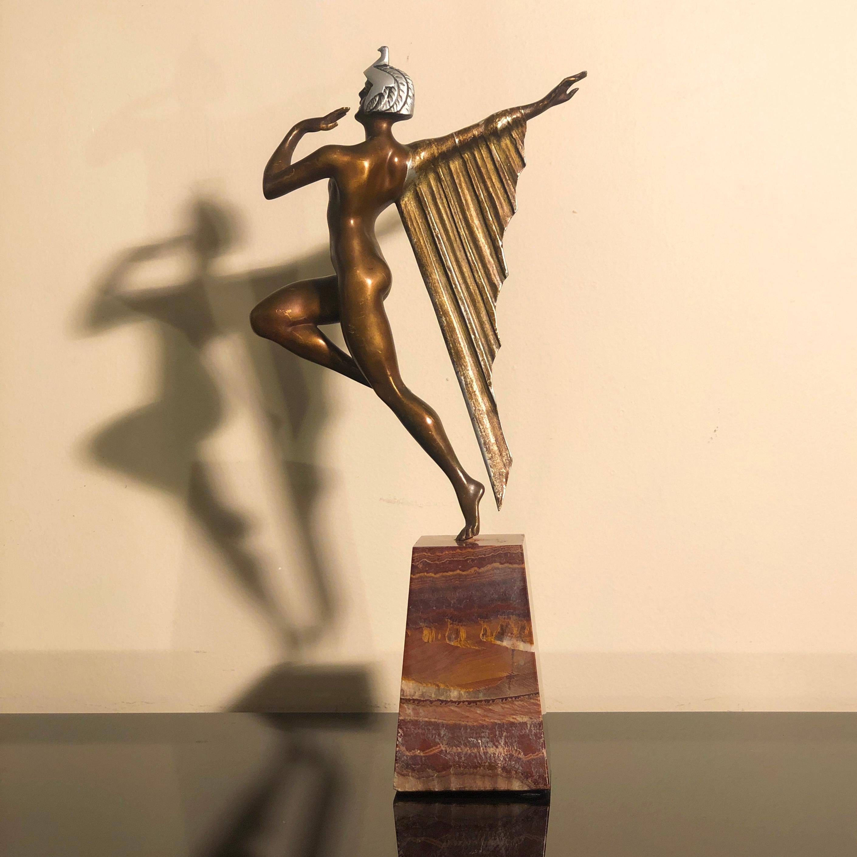 French Art Deco Bronze Marble Base Egyptian Dancer Sculpture, France 1930s