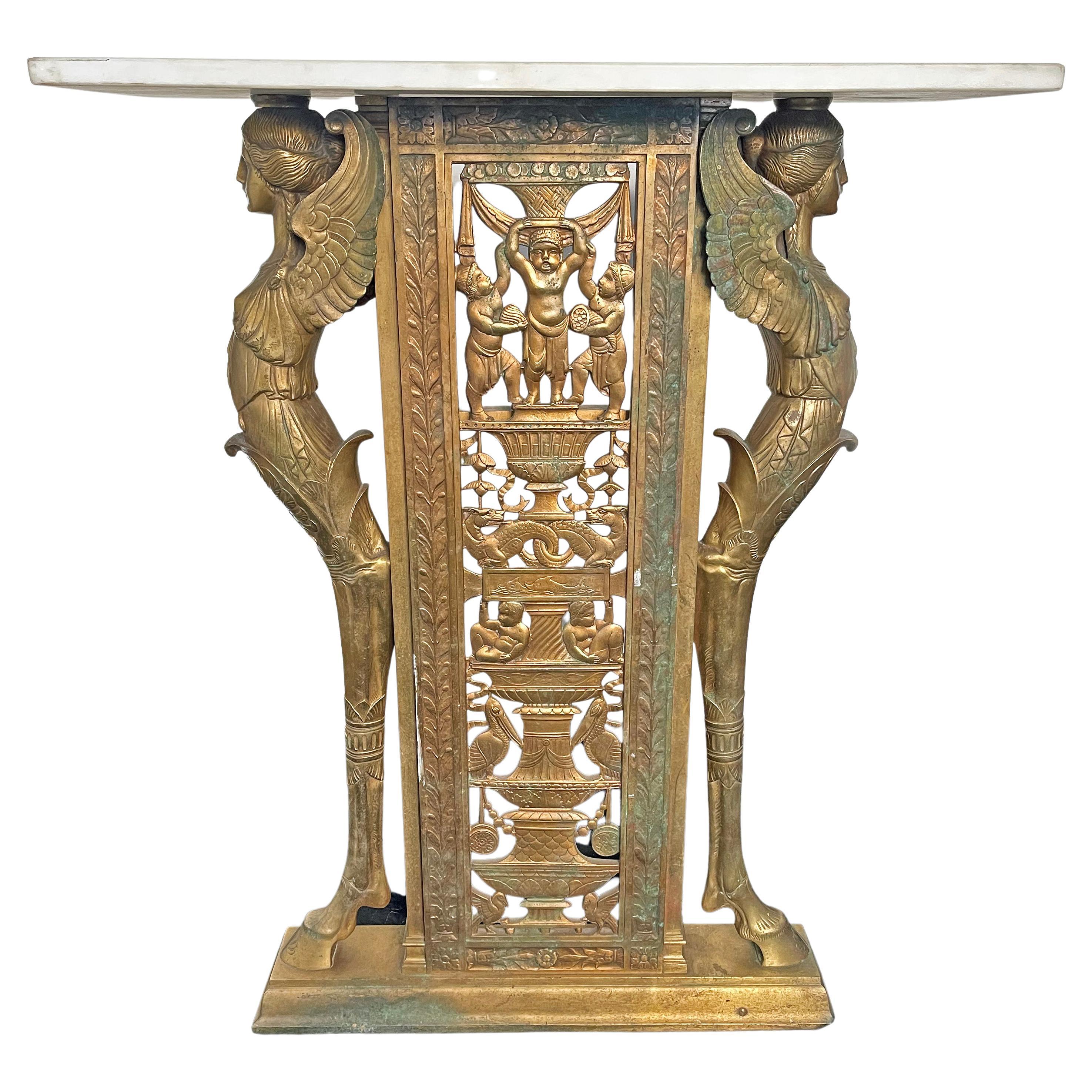 Art Deco Bronze & Marble Console Table with Dolphins, Pelicans and Dragons