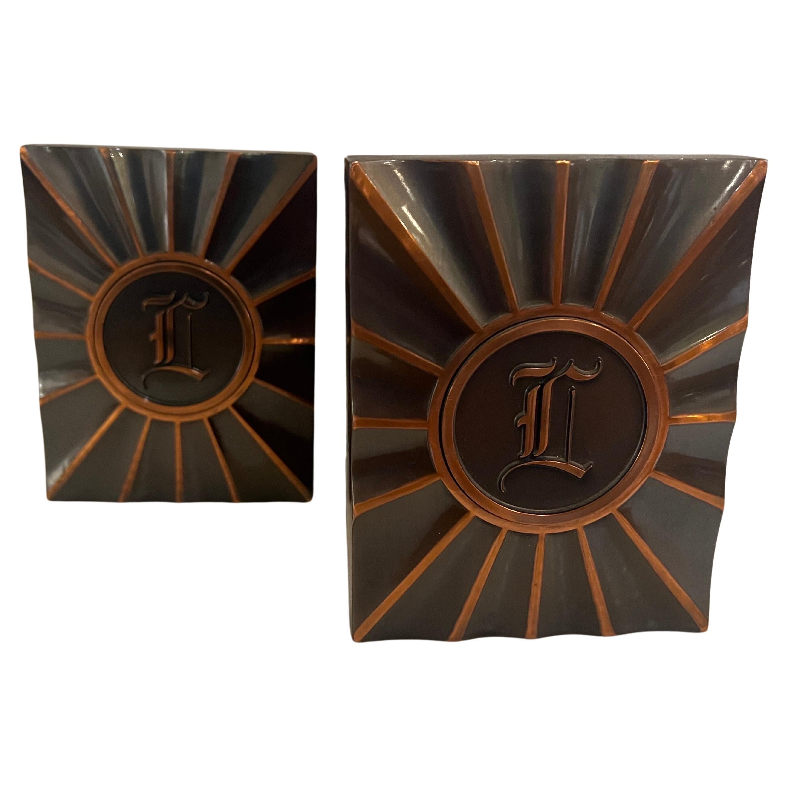 20th Century Art Deco Bronze Monogram Bookends Letter L by L.E Mason Co. model PG1401 For Sale