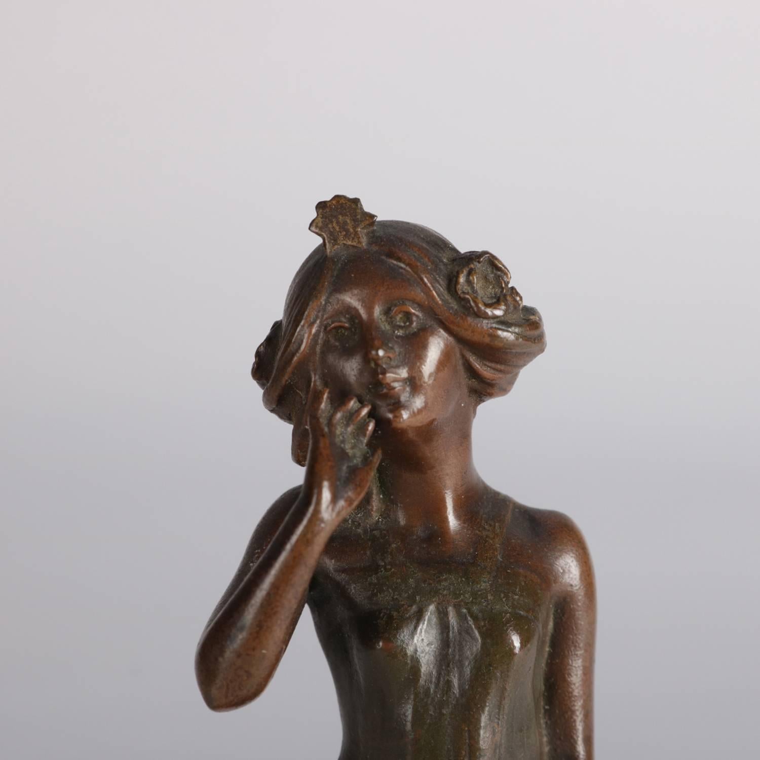 German Art Deco Bronze Mucha Style Portrait Sculpture 