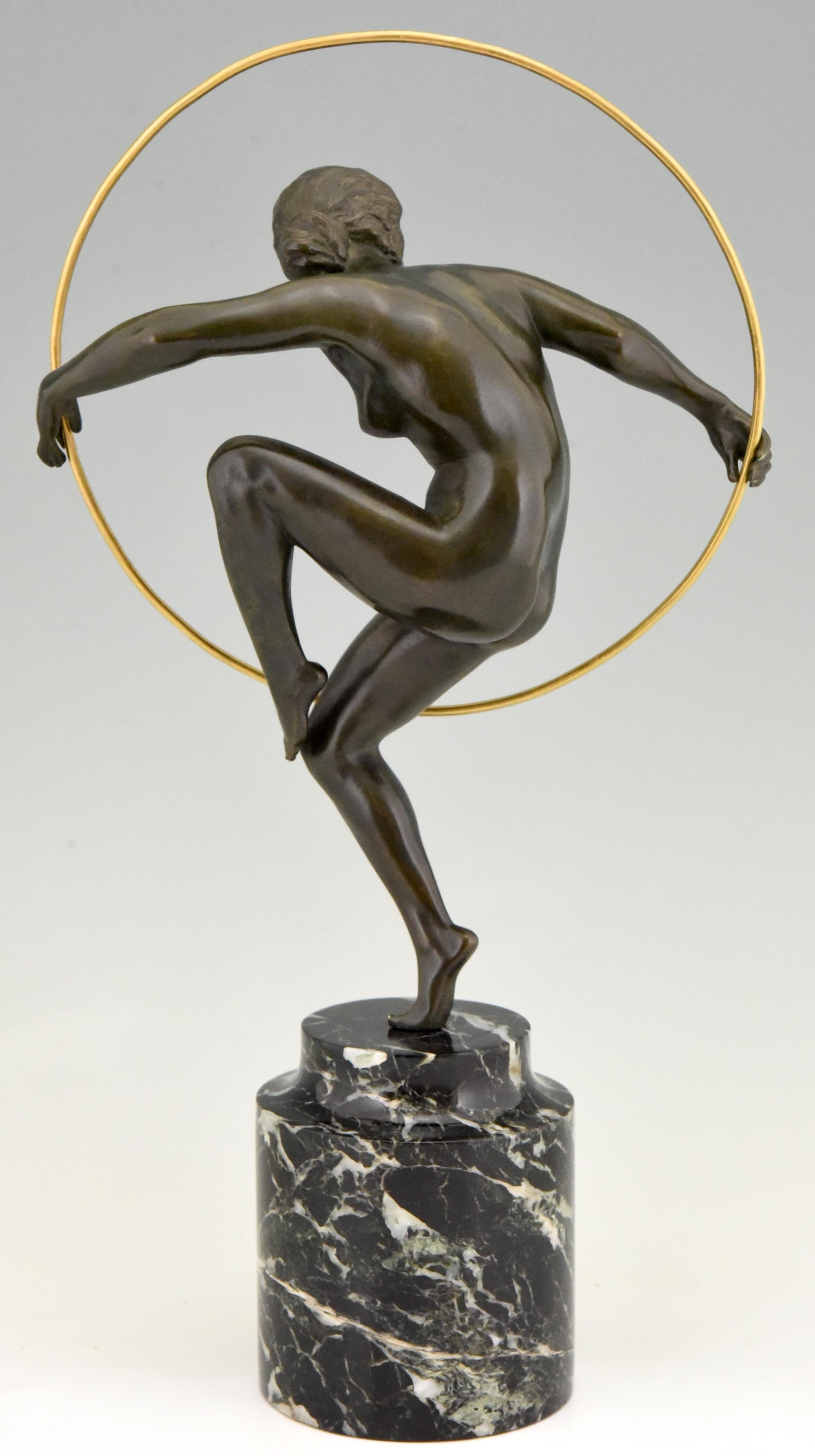 Patinated Art Deco Bronze Nude Hoop Dancer Andre Marcel Bouraine, 1930, France