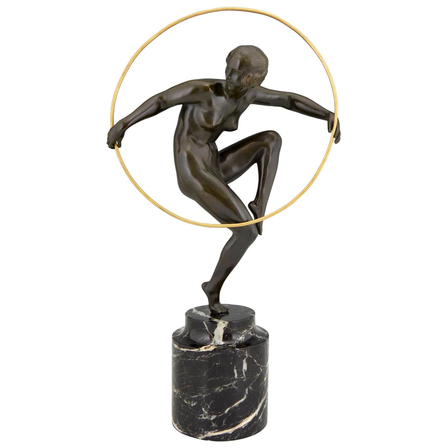 Art Deco Bronze Nude Hoop Dancer Andre Marcel Bouraine, 1930, France