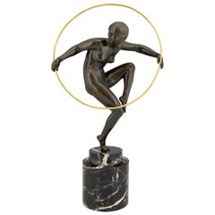 Vintage Art Deco Bronze Nude Hoop Dancer Andre Marcel Bouraine, 1930, France