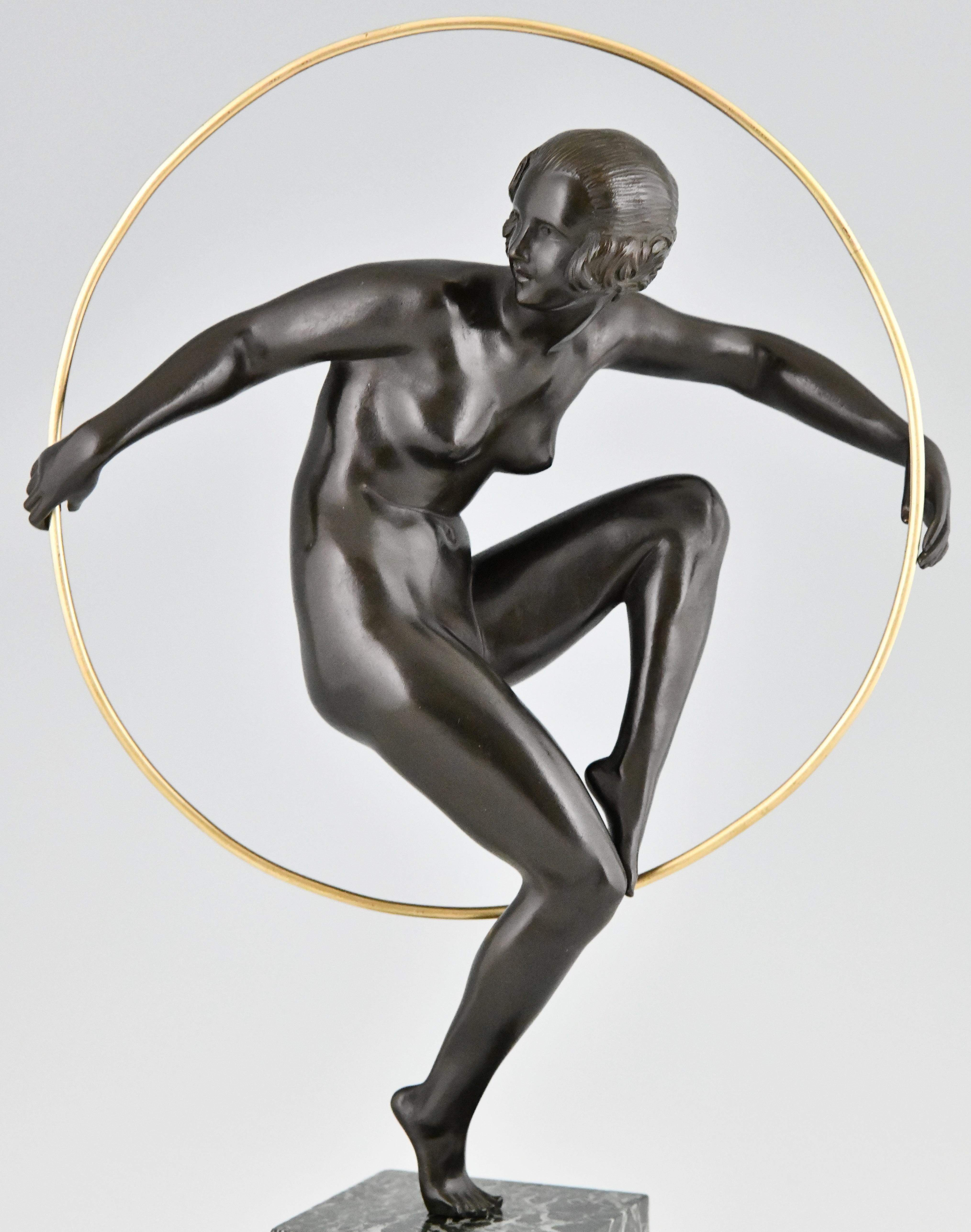 Art Deco Bronze nackte Reifentänzerin von Marcel-André Bouraine Frankreich 1930 im Angebot 4