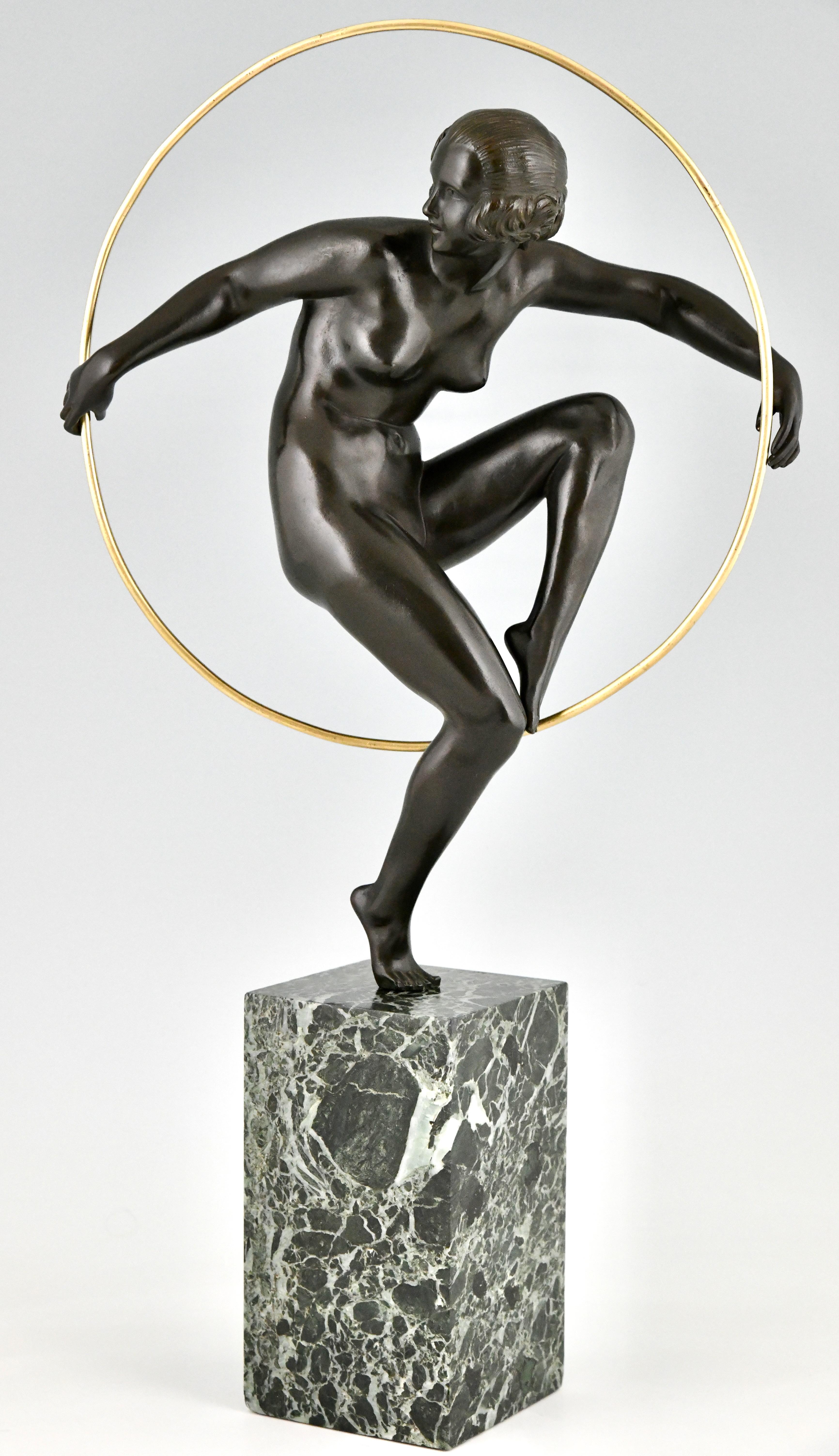 French Art Deco bronze nude hoop dancer by Marcel André Bouraine France 1930 For Sale