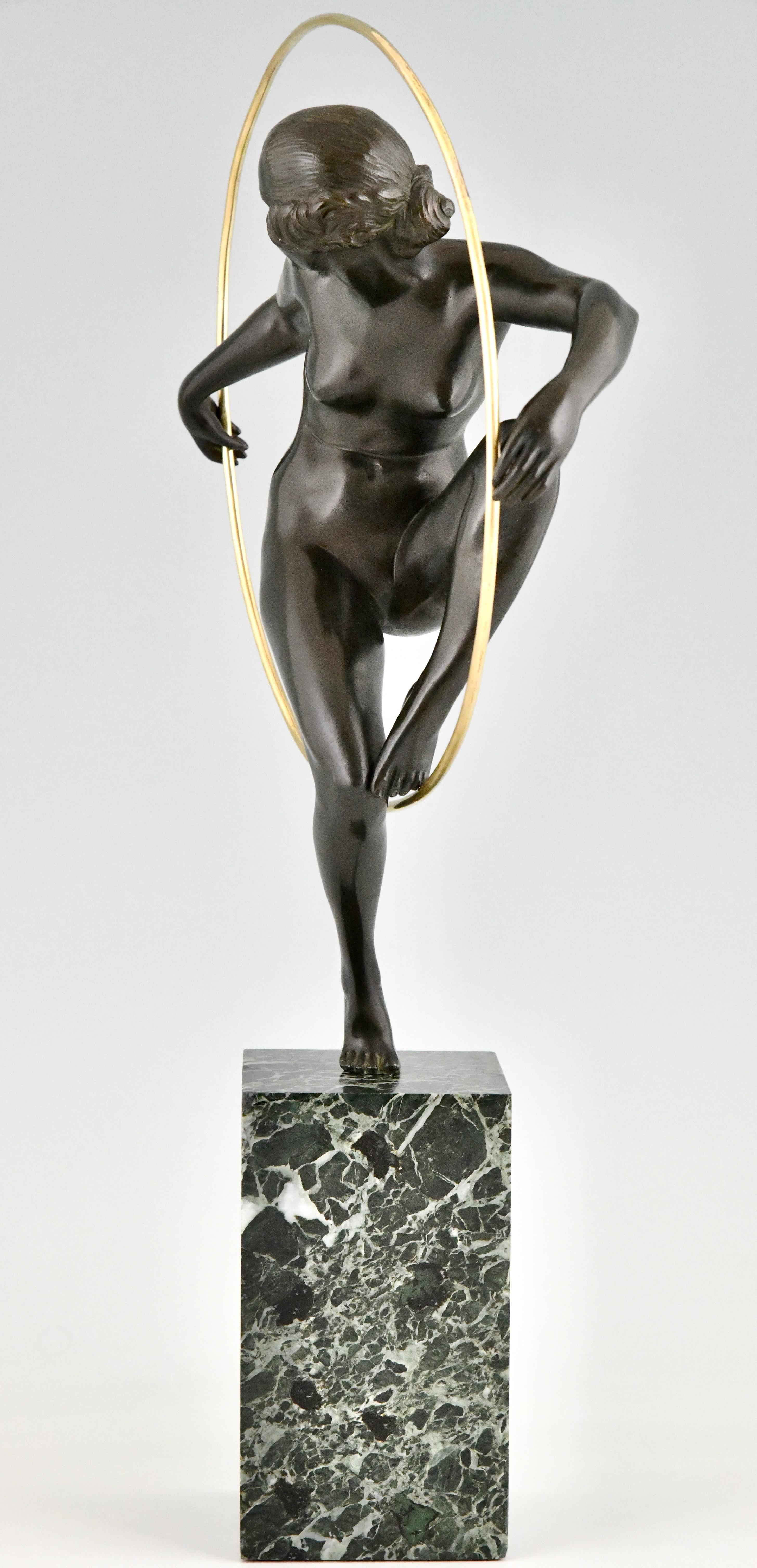 Mid-20th Century Art Deco bronze nude hoop dancer by Marcel André Bouraine France 1930 For Sale