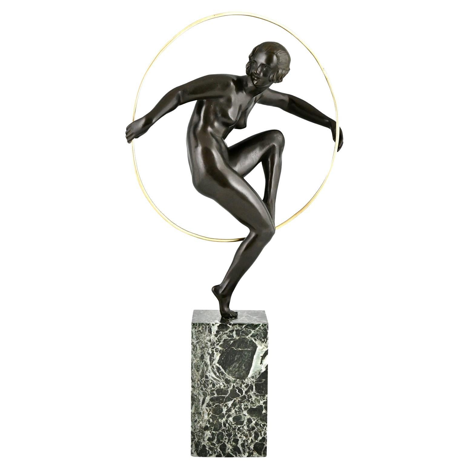 Art Deco Bronze nackte Reifentänzerin von Marcel-André Bouraine Frankreich 1930