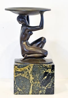 Art Deco Bronze of a Nude Woman Holding Up a Shallow Bowl Signed Albert Allmann
