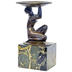 Art Deco Bronze of a Nude Woman Holding Up a Shallow Bowl Signed Albert Allmann