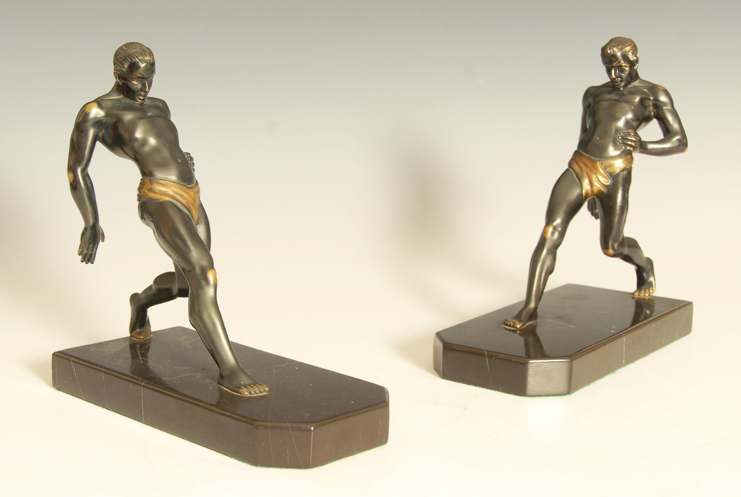 Patinated Art Deco Bronze Olypian Arthlete Bookends For Sale