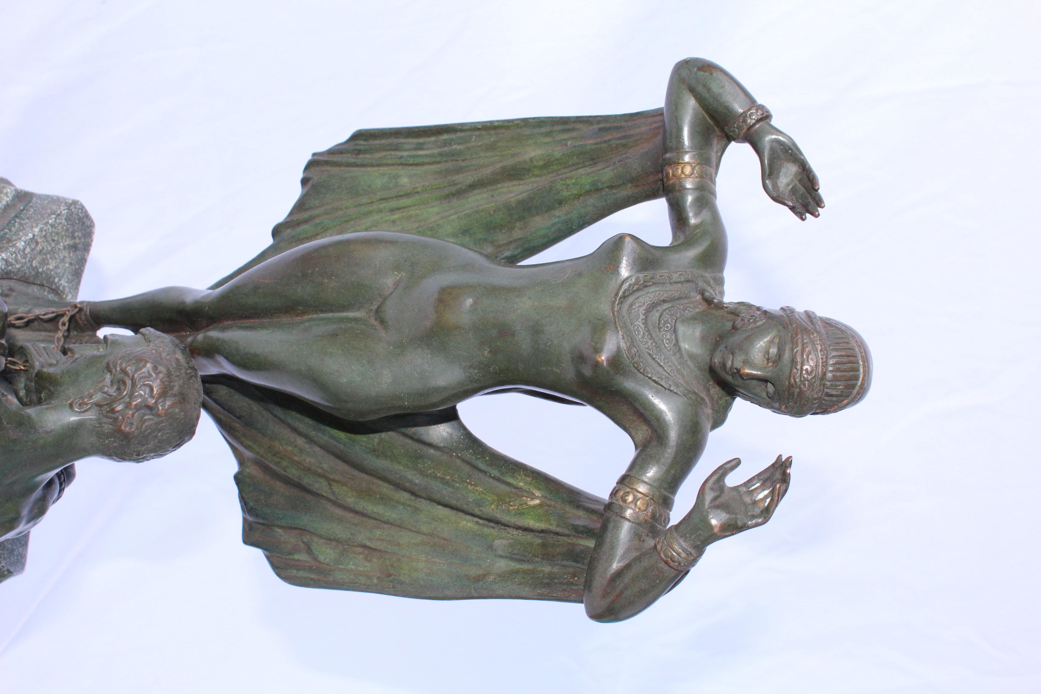 European Art Deco Bronze Original Double Figurine Green Patina, French For Sale