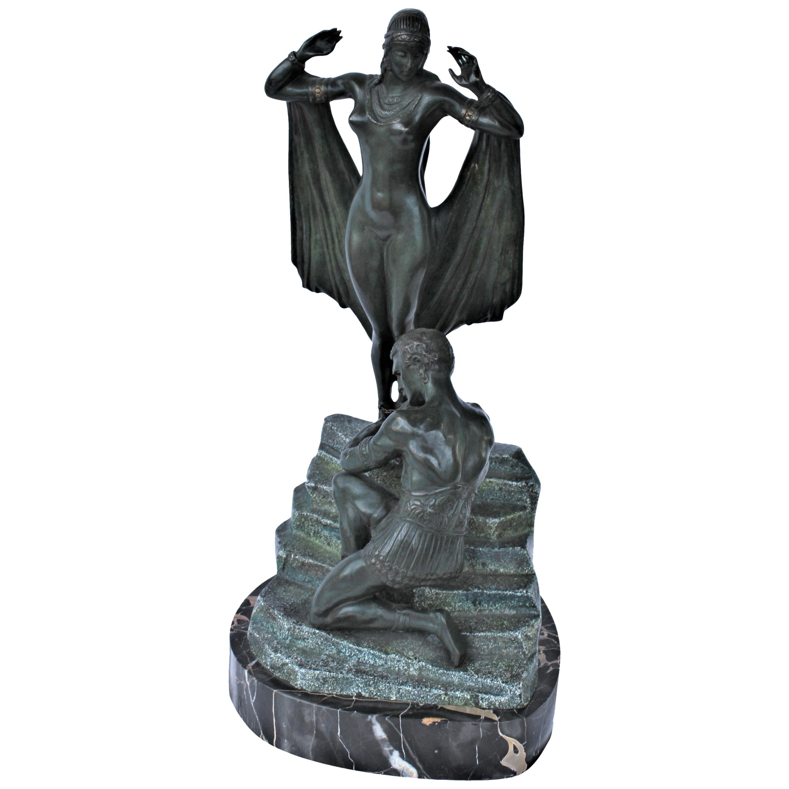 Art Deco Bronze Original Double Figurine Green Patina, French For Sale