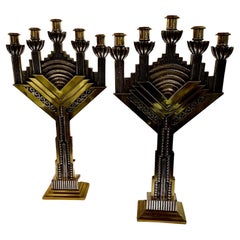 Art Deco Bronze Pair of Large Candlesticks Silver and Gold