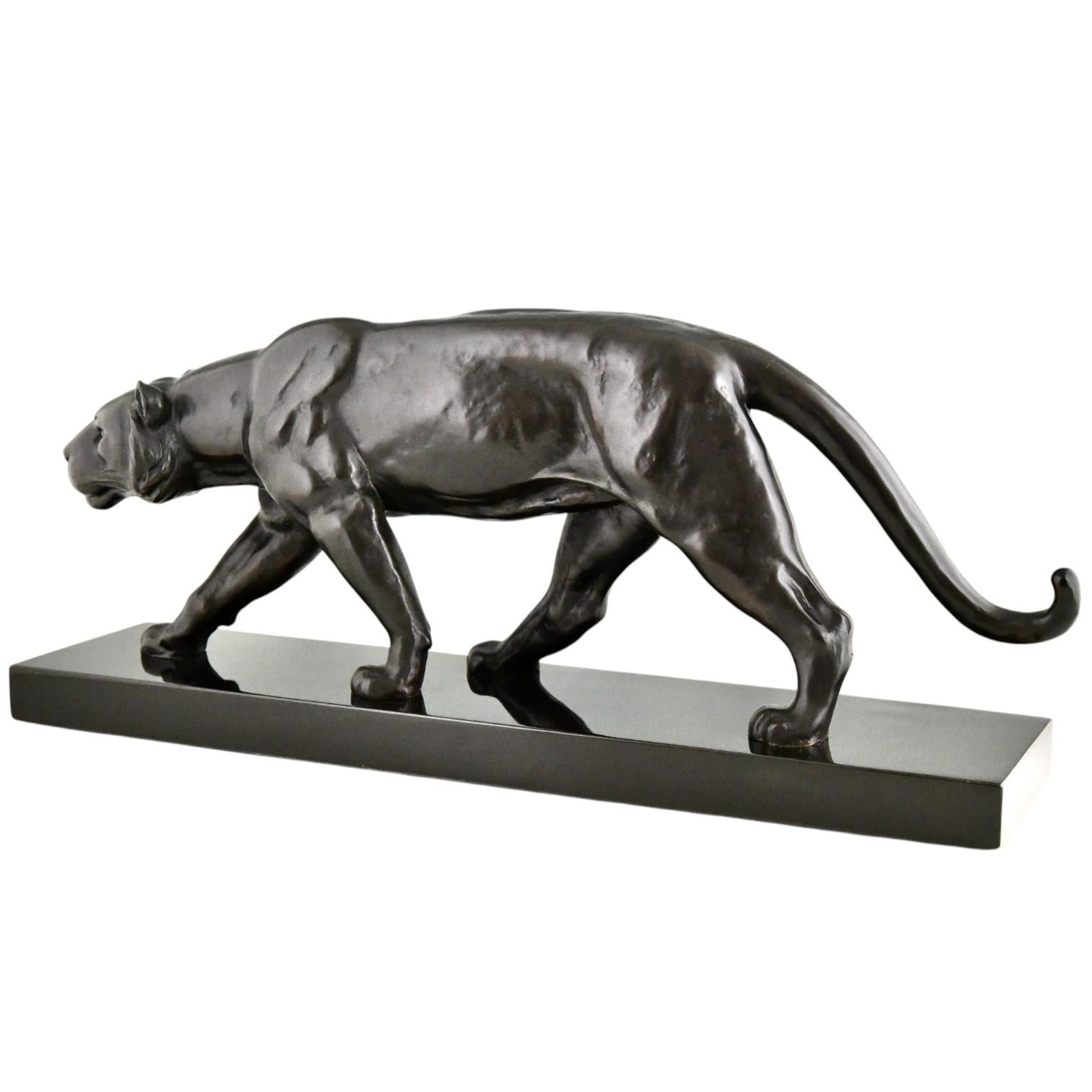 Art Deco Bronze Panther Sculpture Alexandre Ouline Black patina France, 1930 For Sale 3
