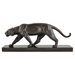 Art Deco Bronze Panther Sculpture Alexandre Ouline, Black patina, France, 1930