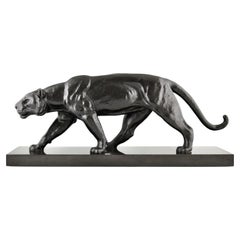 Art Deco Bronze Panther Sculpture Alexandre Ouline Black patina France, 1930