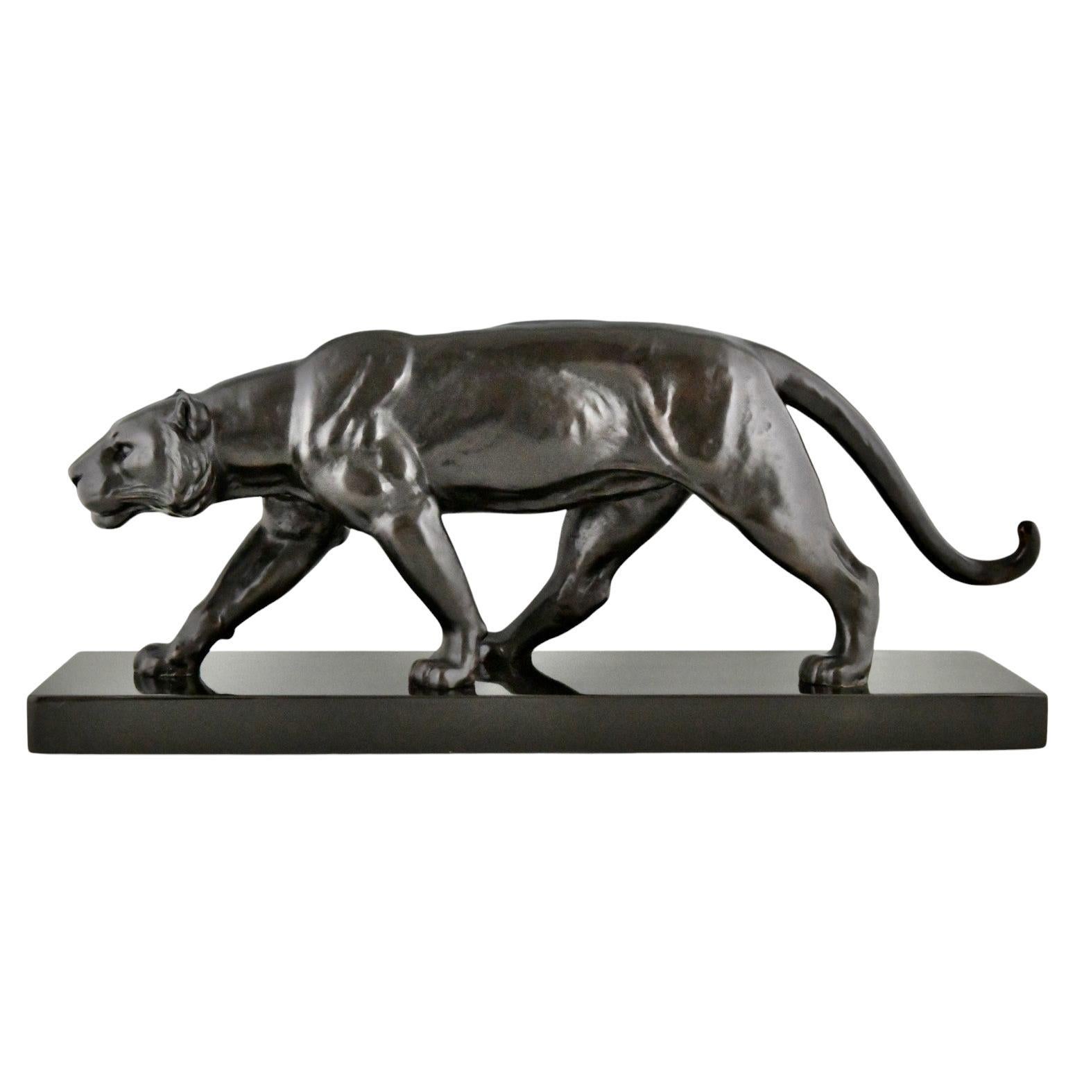 Art Deco Bronze Panther Sculpture Alexandre Ouline Black patina France, 1930 For Sale
