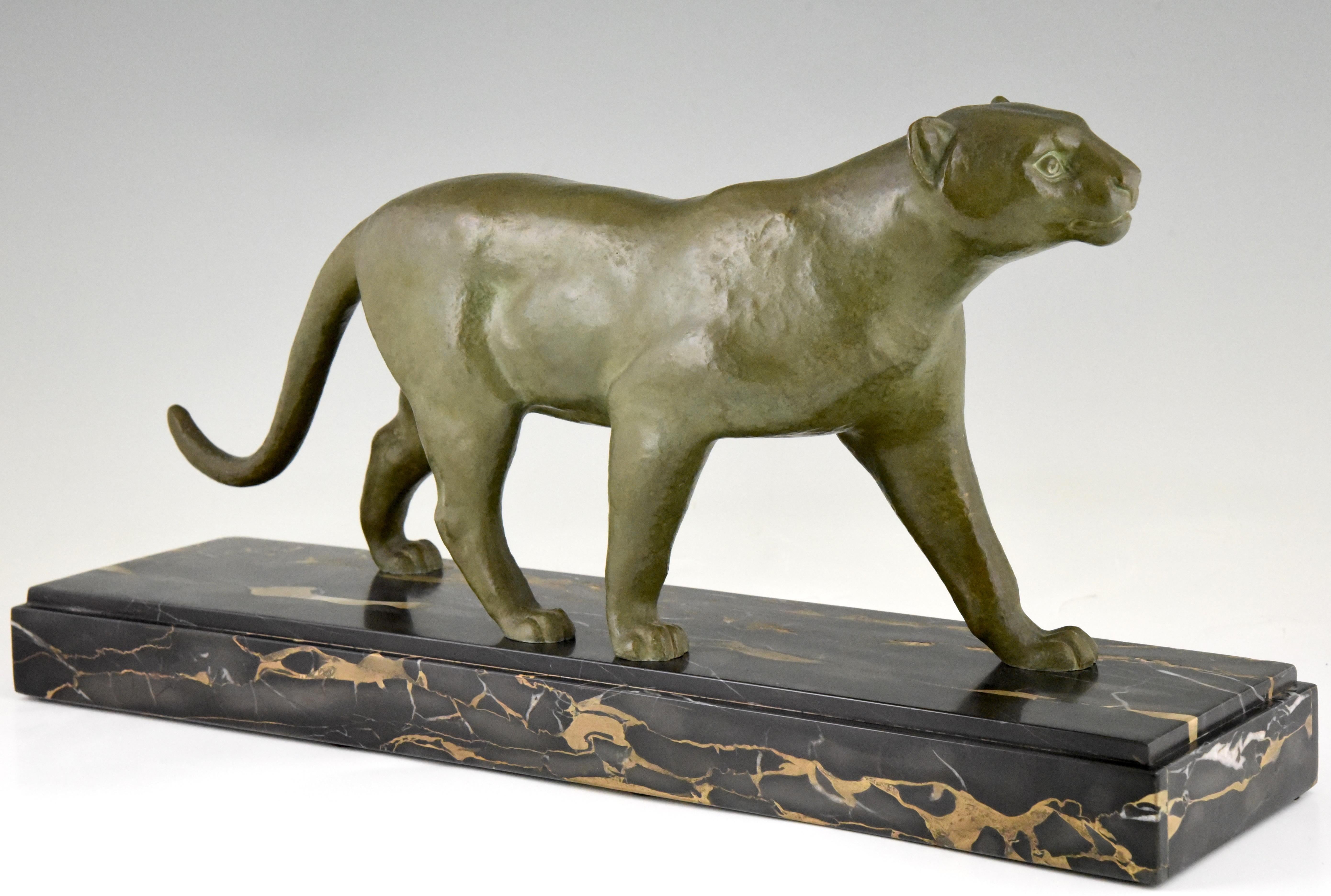 French Art Deco Bronze Panther Sculpture Alexandre Ouline, France, 1930