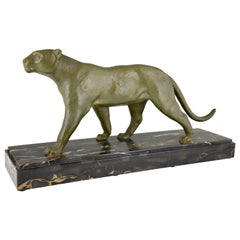 Vintage Art Deco Bronze Panther Sculpture Alexandre Ouline, France, 1930