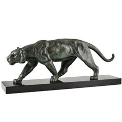 Art Deco Bronze Panther Sculpture by Alexandre Ouline, France, 1930