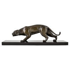Art Deco bronze panther sculpture by F. Bauer on marble base, Austria, 1930.