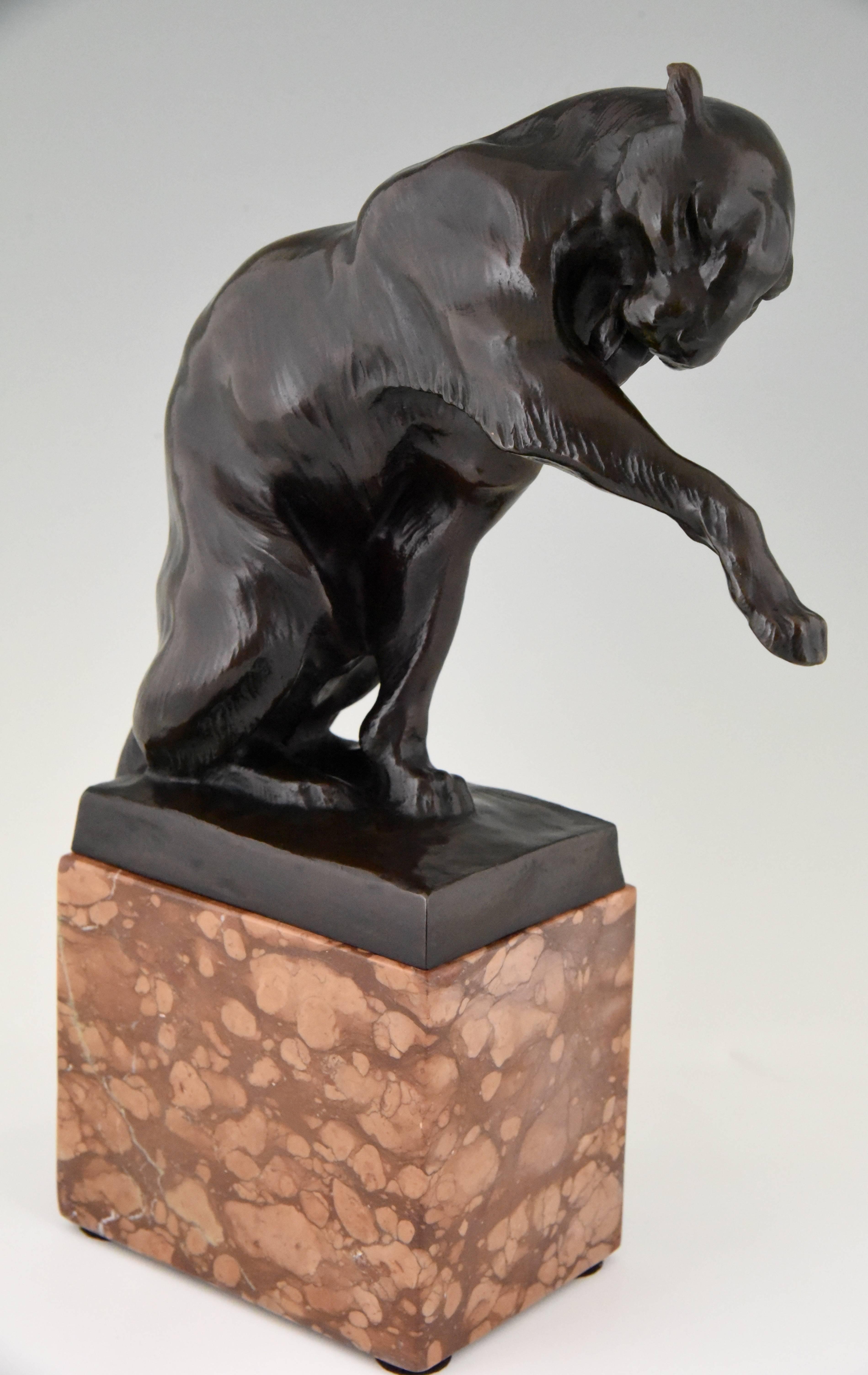 A beautiful patinated bronze sculpture of a panther.
The seated cat has a rectangular base, signed to the rear Wera v. Bartels raised on a pink brown veined marble plinth. 

Artist / Maker: Wera von Bartels
Signature / Marks: Wera V. Bartels.