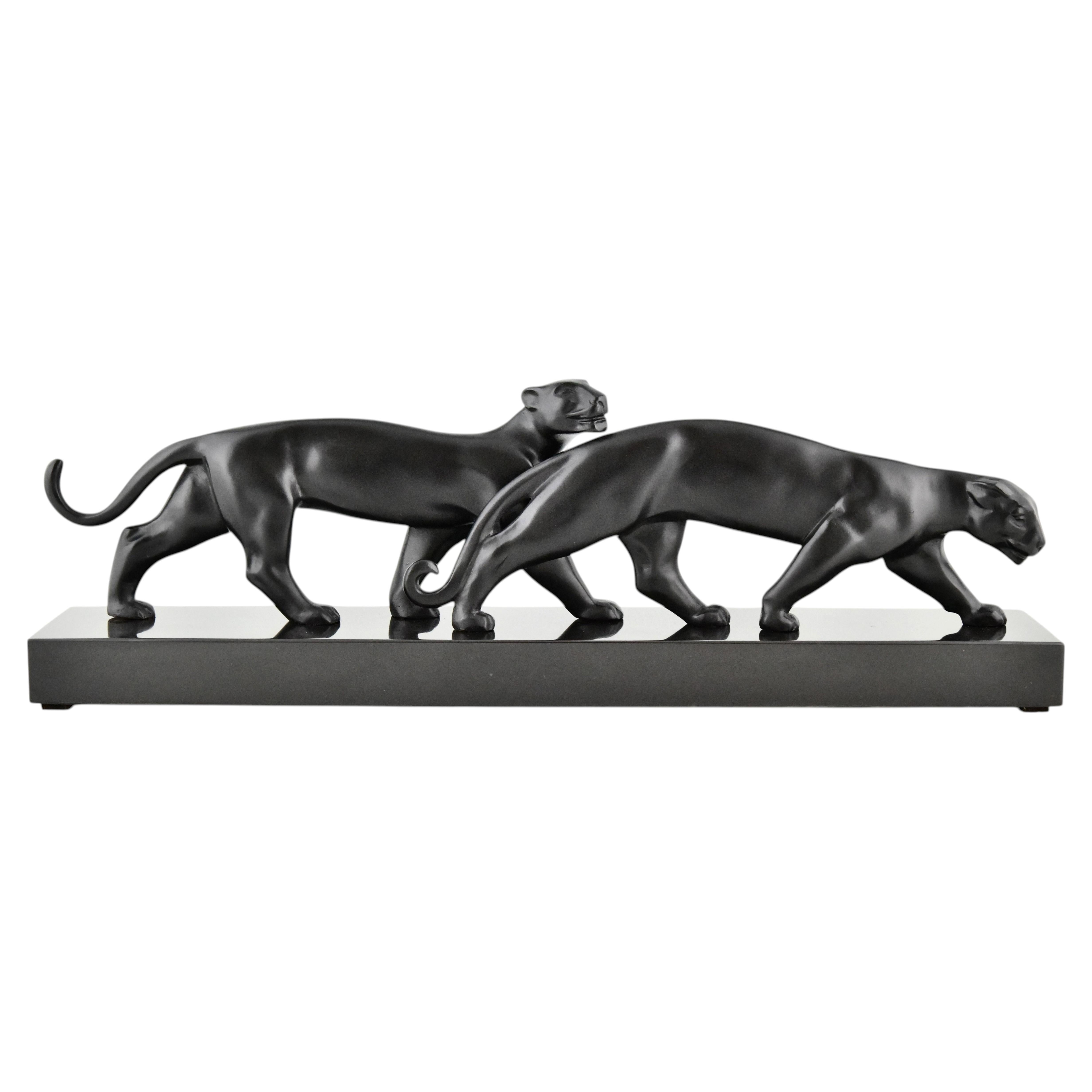 Art Deco Bronze Panthers Sculpture Lucien Alliot France circa 1930