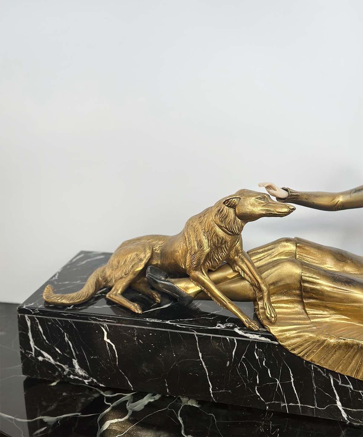 French Art Deco Bronze Patina & Marble Sculpture of Women & Dog by Cham, c. 1920's For Sale